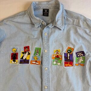 Looney Tunes Denim Shirt Embroidered Long Sleeve Size XL Warner Bros 90s Novelty